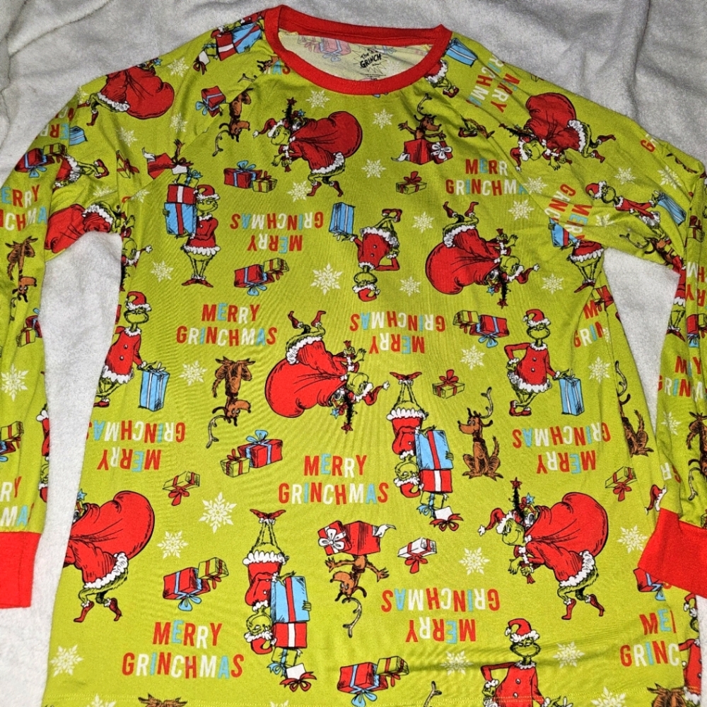 Merry Grinchmas Men's Long Sleeve Pajama Shirt L XL Unisex